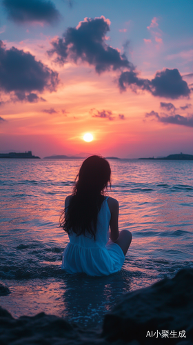 中国女孩海边夕阳下的清晰全景