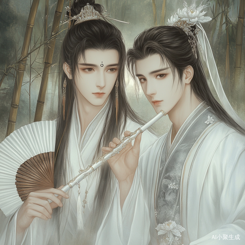 古风竹林中两男子扇子与笛子的唯美画面