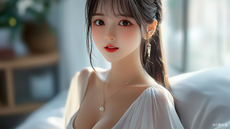 年轻女性穿白色丝绸睡衣的超写实摄影