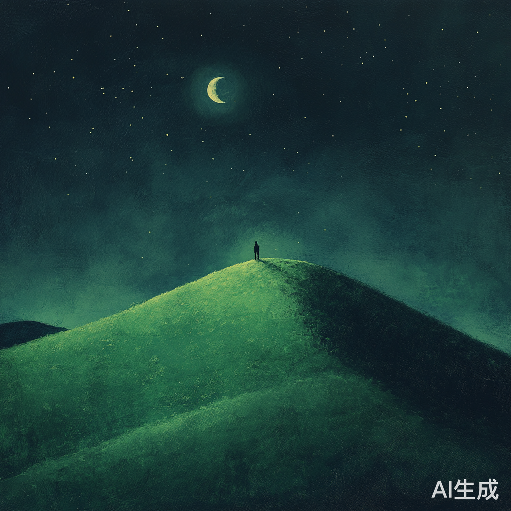 夜空月光下的孤独身影与绿色山丘