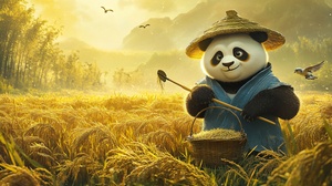 可爱熊猫在阳光下的稻田中辛勤耕作
