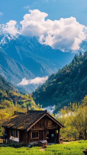 山水如画的美，白云飘逸，阳光洒向山间，泉水流敞，绝美的风景，草屋伫立，旅游的好地方。