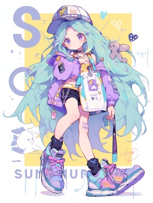 s.mj.runU_S-1SLXKe8 Graffiti illustration A cute girl, big eyes, long straight hair, full body, side, sleeveless purple top, blue shorts, yellow mid-calf boots, hands hanging at the sides of the body, cute, in a children's picture book style, bright colors, charming character illustrations, freshwater ink painting style, White background ar 3:4 sref s.mj.run96bkvINfZgM cref s.mj.runtBoLN1ZwLp0