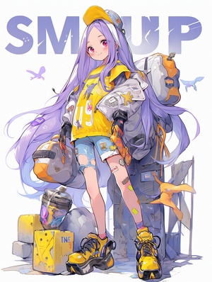 s.mj.runU_S-1SLXKe8 Graffiti illustration A cute girl, big eyes, long straight hair, full body, side, sleeveless purple top, blue shorts, yellow mid-calf boots, hands hanging at the sides of the body, cute, in a children's picture book style, bright colors, charming character illustrations, freshwater ink painting style, White background ar 3:4 sref s.mj.run96bkvINfZgM cref s.mj.runtBoLN1ZwLp0