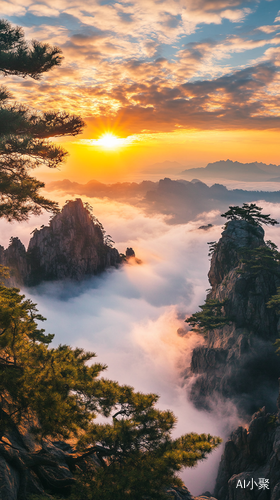 泰山日出云雾缭绕迎客松的超高清美景