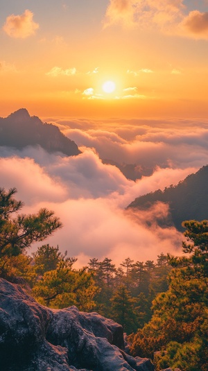 泰山日出美景，早晨，真实拍照感，超高清，云雾缭绕，迎客松，8k，超广角，远景，饱满，大师作品。