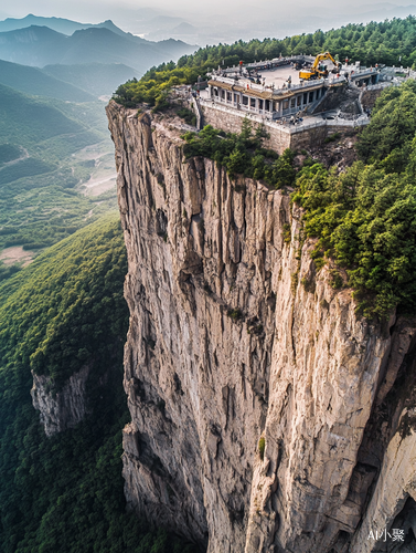 航拍挖掘机在悬崖壁上行驶的宏大场景