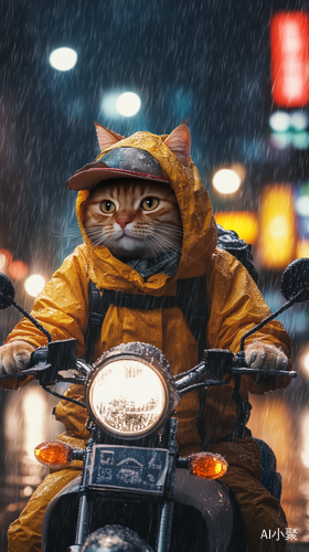 夜雨中的橘猫骑手泪送外卖