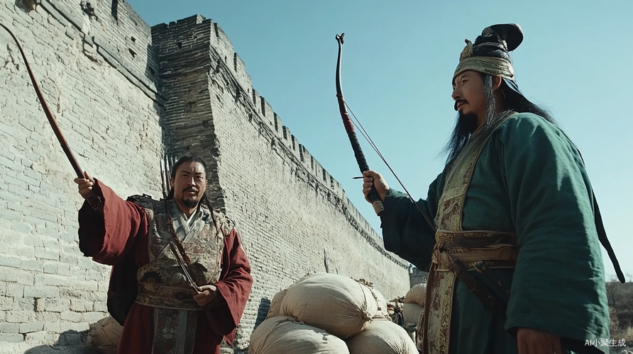 唐代武将文官古城墙上指点物资的场景
