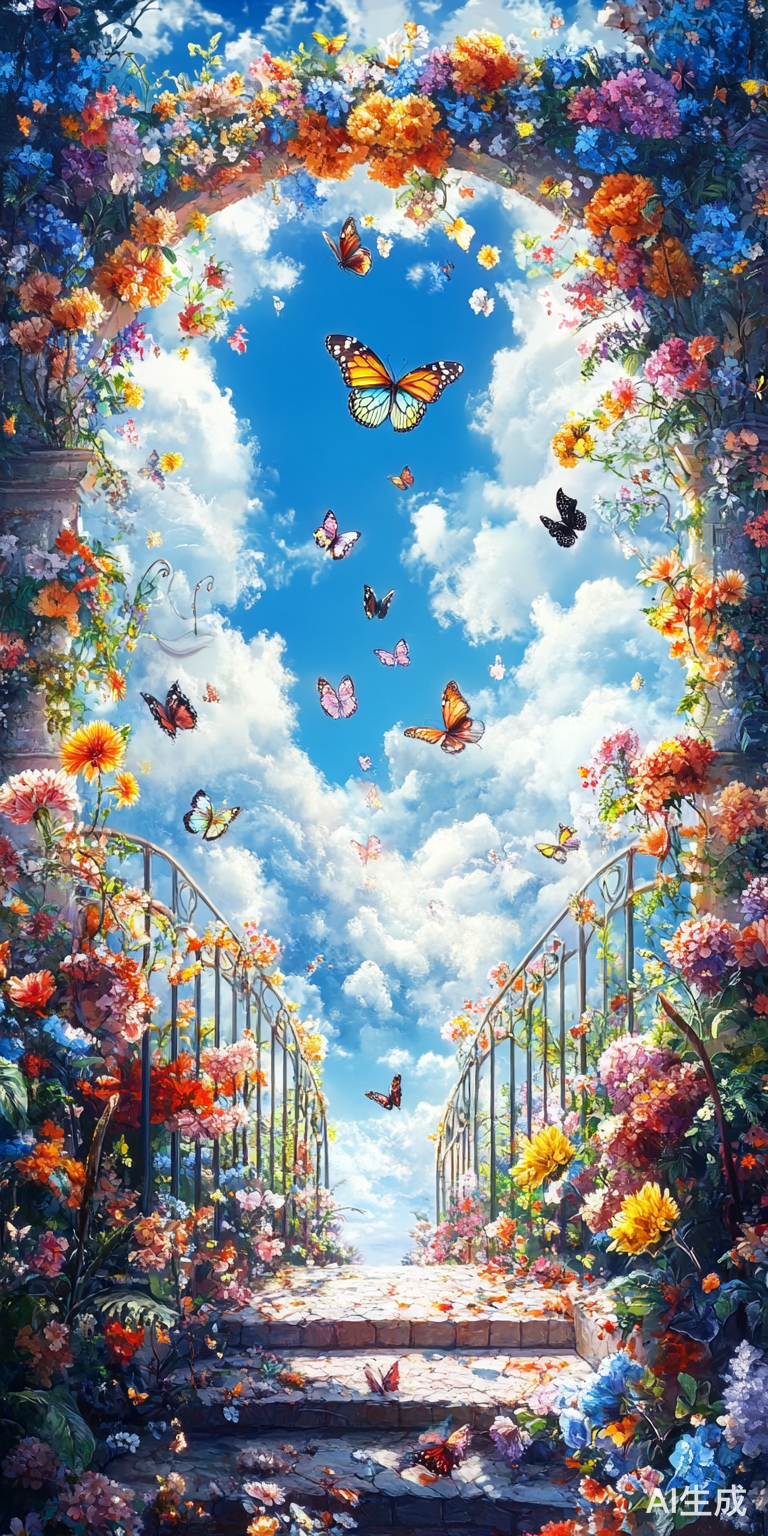 梦幻油画中的蓝天白云与蝴蝶浪漫风情