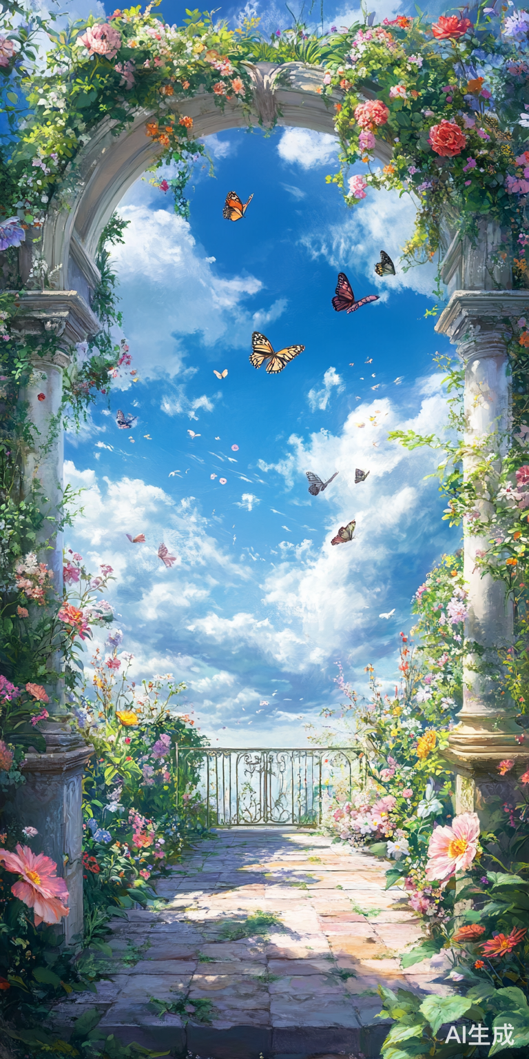 梦幻油画中的蓝天白云与蝴蝶浪漫风情