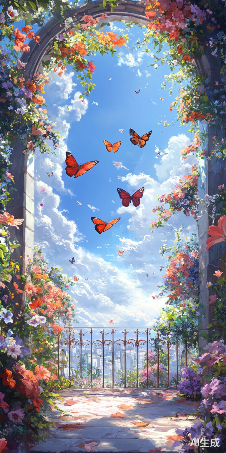 梦幻油画中的蓝天白云与蝴蝶浪漫风情