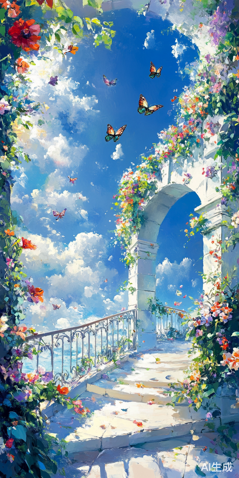 梦幻油画中的蓝天白云与蝴蝶浪漫风情