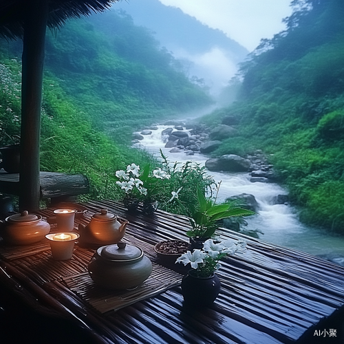 山间雨景下的茶具桌子与自然休闲氛围