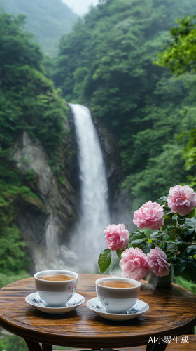 庐山风景茶韵玫瑰与瀑布的完美瞬间