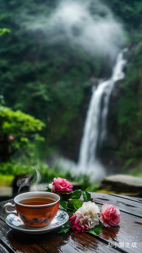 庐山风景茶韵玫瑰与瀑布的完美瞬间