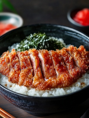 The photo shows a tonkatsu with an attractive color, the meat is very thick, spread on a bowl of rice, the details are fine, realistic, the scene is full of Japanese style, oriental aesthetics, food photo photography, master work, and atmospheric lighting，ar3∶4，v6.1