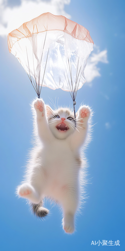 小猫降落伞降落天空中的可爱冒险