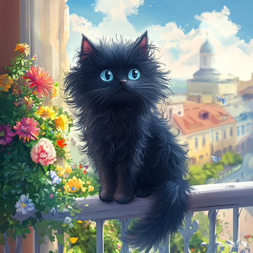 阳光下的黑色布偶猫与五彩花卉的梦幻时光