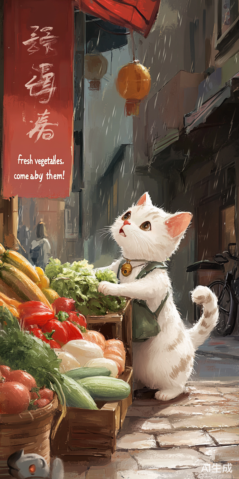 拟猫咪化身商贩在街道上坚守与奋斗的故事