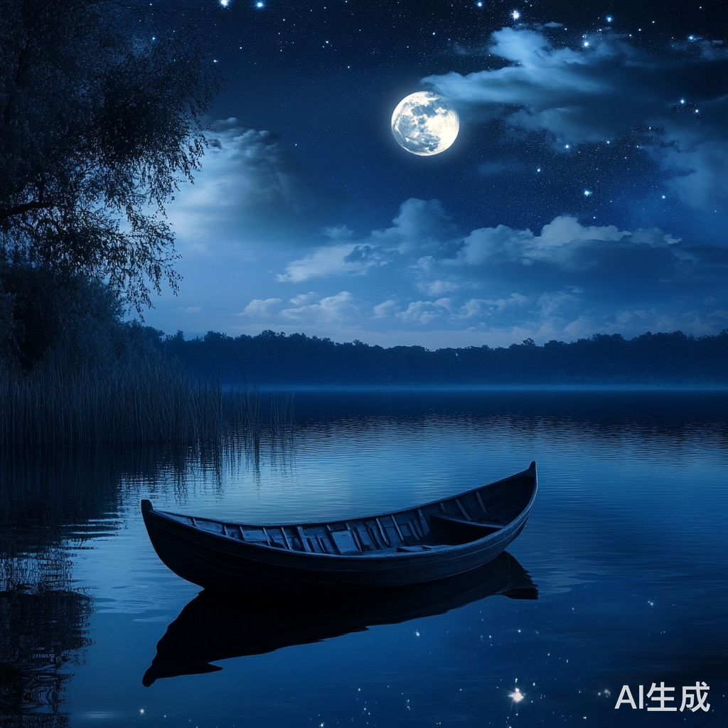 夜空明月映湖水的小船