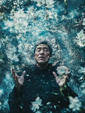 The photograph shows a middle-aged Chinese man on the surface of the sea, appearing with an aura that leads to other spaces, the image of the forest in the aura, flowers erupting around the halo, fine details, fantasy style, master photography, cinematic lighting effects，ae3:4，v6.1