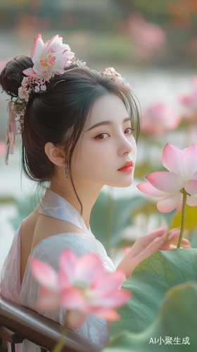飘渺灵气的古风美少女与夕阳下的亭子荷花