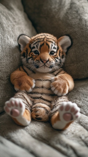 A very cute baby tiger, lying on the sofa with its paws up and looking at the viewer, a full-body photograph, realistic images of anthropomorphic tigers, striped fur, realistic style, a tiger's head and human limbs, a chubby figure, plush fur material, high-definition photography. ar 19:30