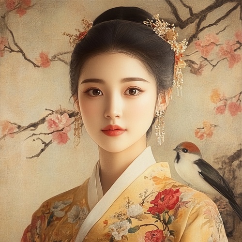 The image is a highly detailed and realistic portrait of a woman wearing a traditional Chinese garment, such as a kimono. The woman is staring into the camera, and her expression is captured with great precision. The background features elements such as a bird, which adds to the authenticity of the scene. The image is likely a high-quality, professional portrait that showcases the beauty and elegance of traditional Chinese culture.