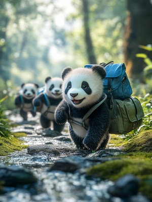 The photo shows several baby pandas, carrying school bags, walking on a country road, the path is lined with streams, moss-covered with stones, fine details, realistic, master photography, photographer John Aitchison, cinematic lighting effects, best quality，ar3∶4