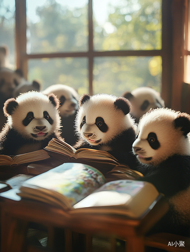 Early Morning Classroom with Baby Pandas Reading a Book