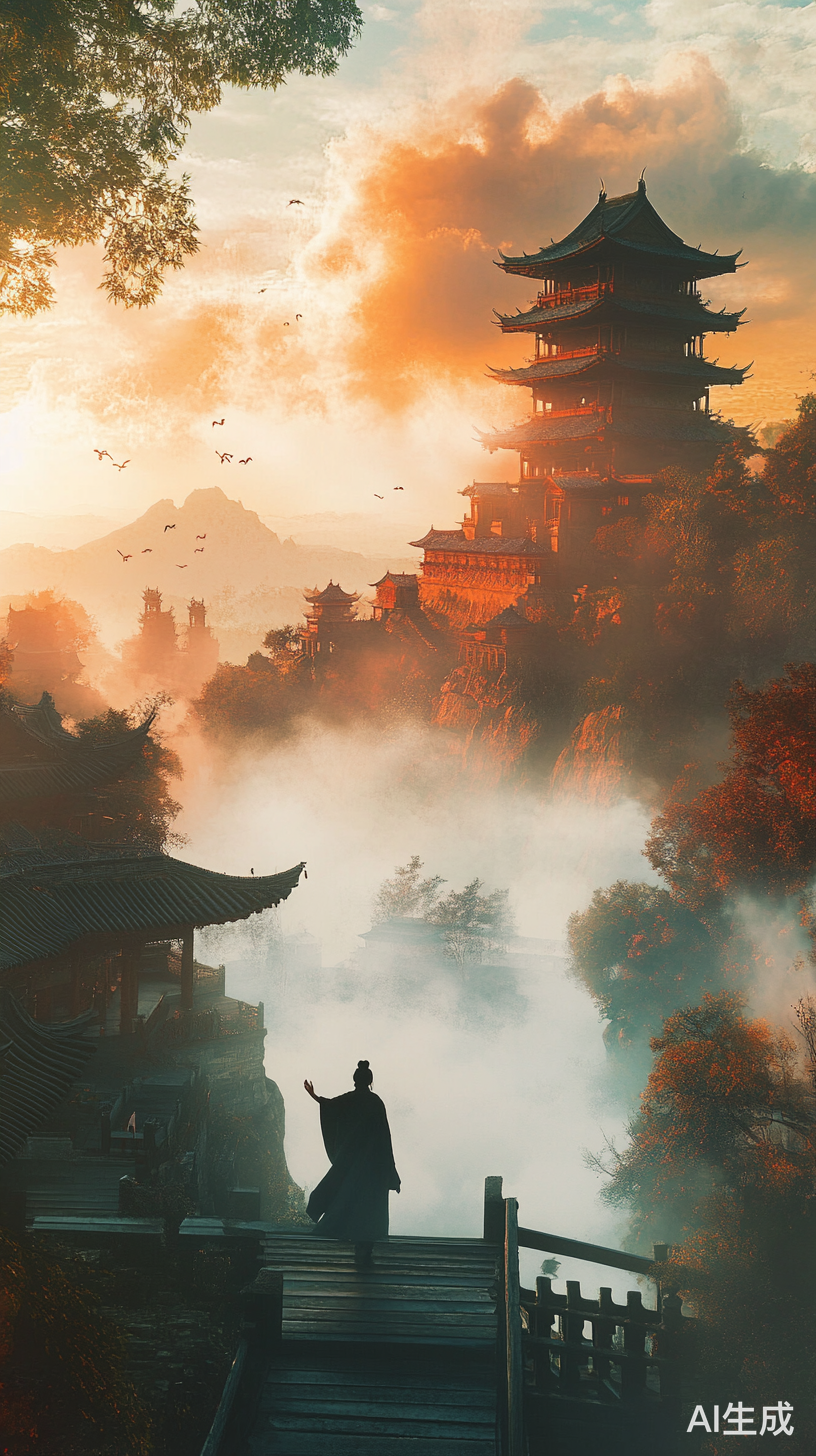 白帝城晨雾中的诗人挥手告别