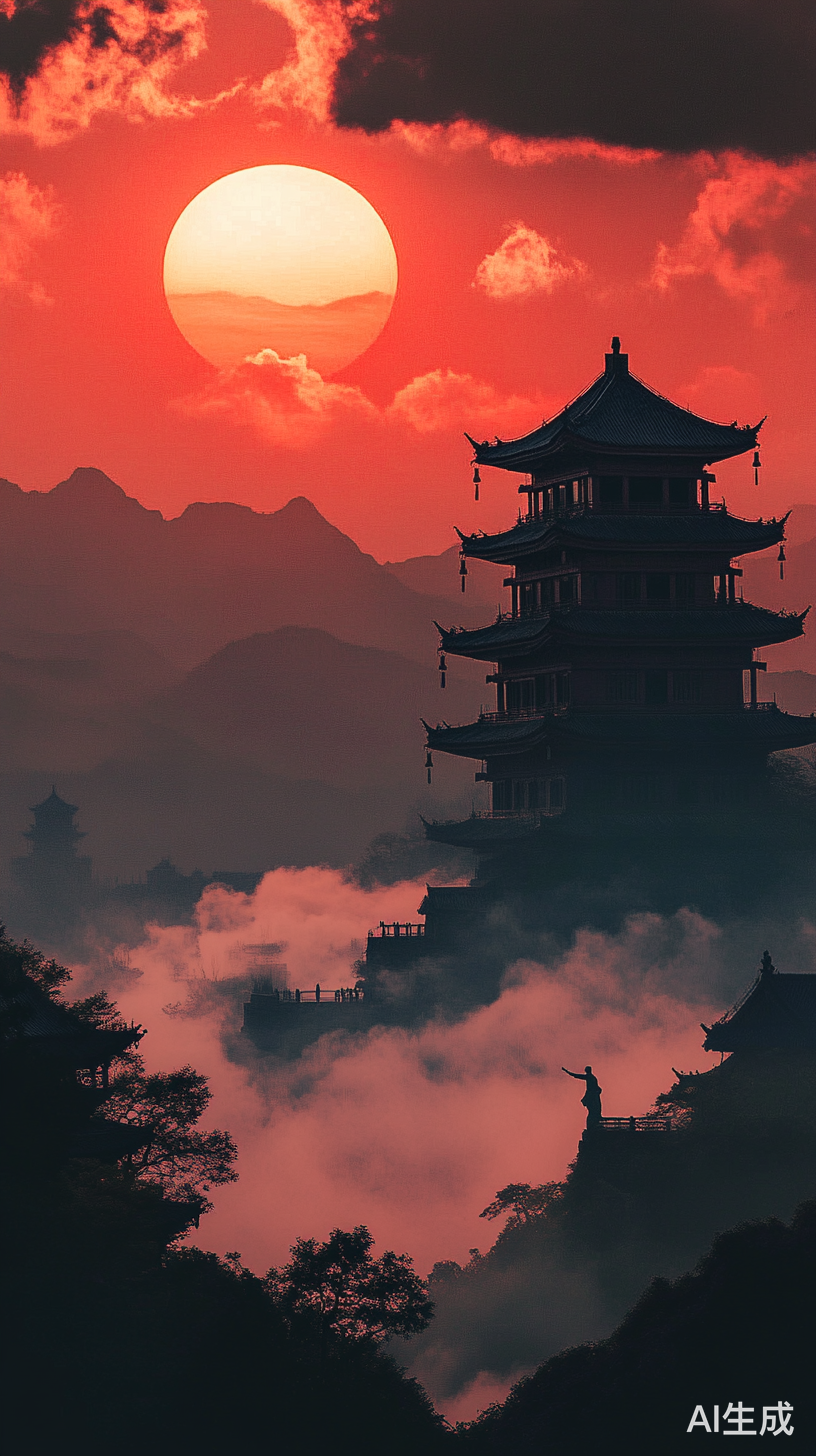 白帝城晨雾中的诗人挥手告别