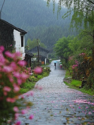 乡间小路上，青石板路两边开满了五颜六色的鲜花，天空下着下着大雨雨，路延伸的地方有三两户人家，烟雨朦胧。