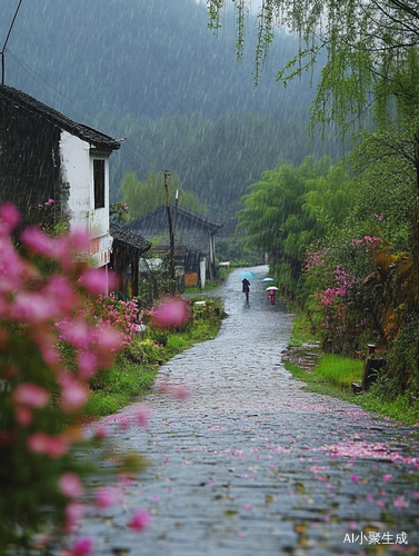 雨中乡间小路与五彩鲜花和烟雨人家