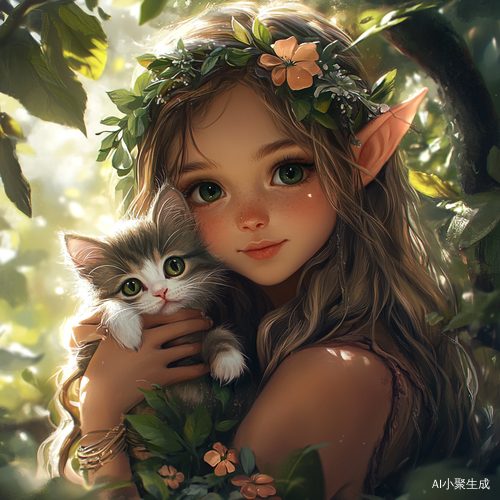 可爱的精灵抱着小猫咪在花草间玩耍
