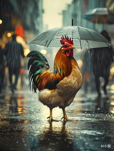 雨中鸡与伞的细致拍摄城市街道背景