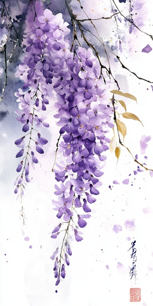 Purple wisteria flower, Ancient Style, Watercolor Lead Painting, Cover Dyeing Techniques Zhang Daqian's Painting Style，（Jinbo, golden lines ）