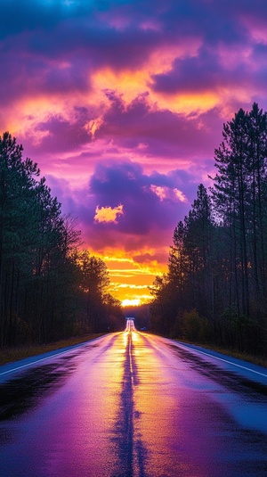 This image shows a beautifully vibrant sunset or sunrise scene with dramatic, colorful clouds overhead, transitioning from deep oranges and pinks to purples and blues as they spread across the sky. The road, lined with tall, dark trees, stretches into the horizon where the sun is either setting or rising, creating a glowing, almost ethereal light at the end of the road. The road itself reflects the sky's colors, giving it a surreal, dreamlike quality. The combination of natural elements and vibrant colo