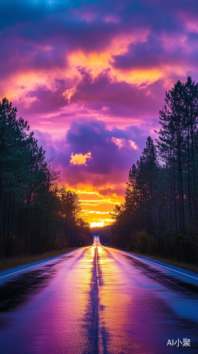 Vibrant Sunset or Sunrise Over a Dreamlike Road