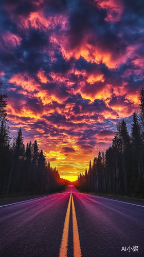 Vibrant Sunset or Sunrise Over a Dreamlike Road