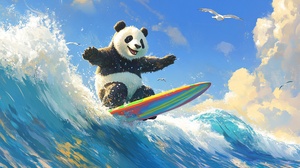 冲浪的大熊猫在夏日海浪中勇往直前