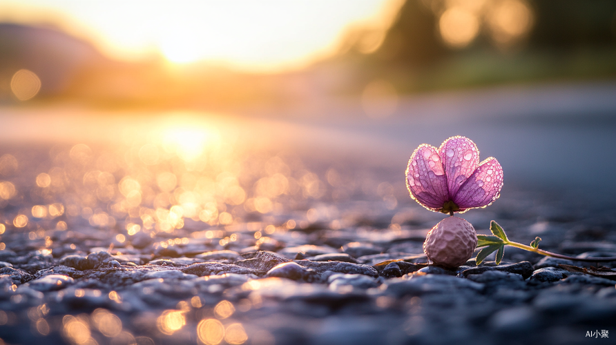 粉色花朵与夕阳下无尽道路的高清摄影