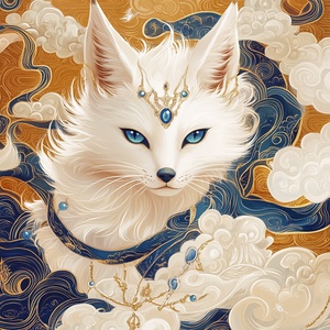 Create a fantasy illustration in the style of traditional Chinese art, inspired by Dunhuang frescoes. The scene features a majestic white FOX with piercing blue eyes, adorned with ornate jewelry and flowing blue and gold ribbons. The background is filled with intricate clouds and patterns, with a rich gold color palette that evokes a sense of divine elegance. The art style should blend traditional Chinese decorative elements with modern fantasy illustration techniques, giving the cat a mythical and regal ap