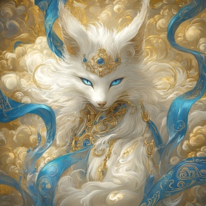 Create a fantasy illustration in the style of traditional Chinese art, inspired by Dunhuang frescoes. The scene features a majestic white FOX with piercing blue eyes, adorned with ornate jewelry and flowing blue and gold ribbons. The background is filled with intricate clouds and patterns, with a rich gold color palette that evokes a sense of divine elegance. The art style should blend traditional Chinese decorative elements with modern fantasy illustration techniques, giving the cat a mythical and regal ap