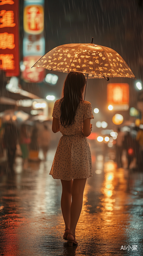 夏天雨中夜晚性感美女撑伞回眸微笑