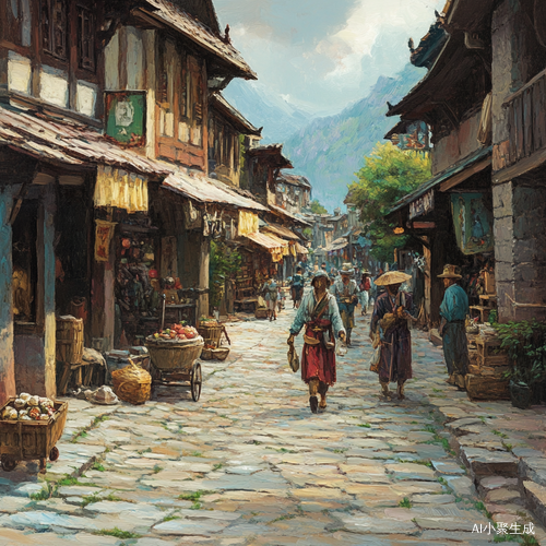 老街石板路繁忙的商业景象