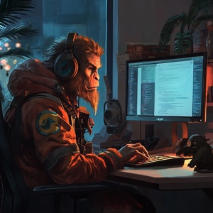 Wukong works in an office, keyboard, monitor, mouse, writing, working hard,