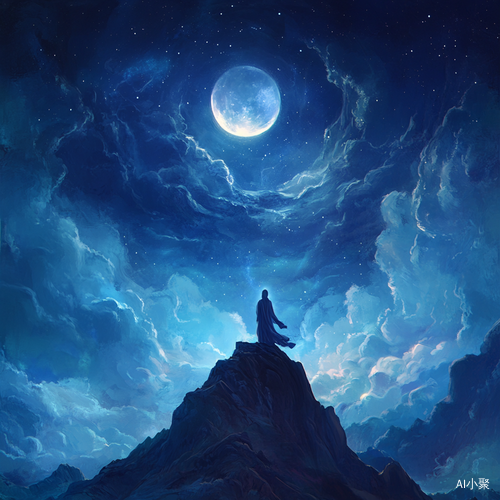 Serene Fantasy Illustration of a Figure on a Mountain Under a Glowing Moon