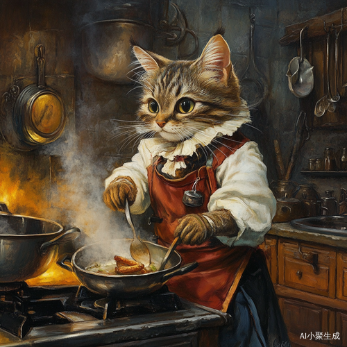 母猫在厨房忙碌煮饭